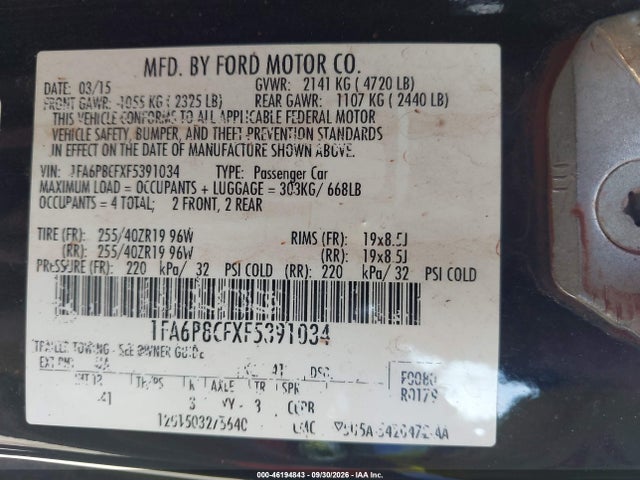 2015 Ford Mustang Gt Premium მანქანა იყიდება აუქციონზე, vin: 1FA6P8CFXF5391034, აუქციონის ნომერი: 46194843