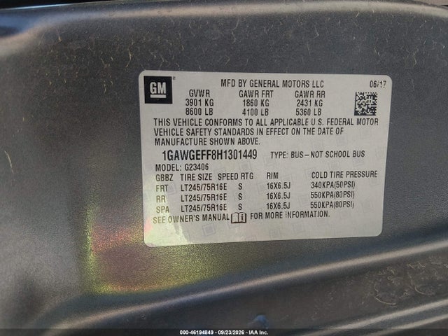 2017 Chevrolet Express 2500 Ls მანქანა იყიდება აუქციონზე, vin: 1GAWGEFF8H1301449, აუქციონის ნომერი: 46194849