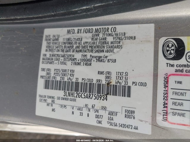 Продажа на аукционе авто 2010 Lincoln Mkz, vin: 3LNHL2GC5AR750934, номер лота: 46194852