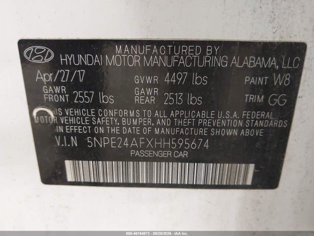 Продаж на аукціоні авто 2017 Hyundai Sonata Se, vin: 5NPE24AFXHH595674, номер лоту: 46194873