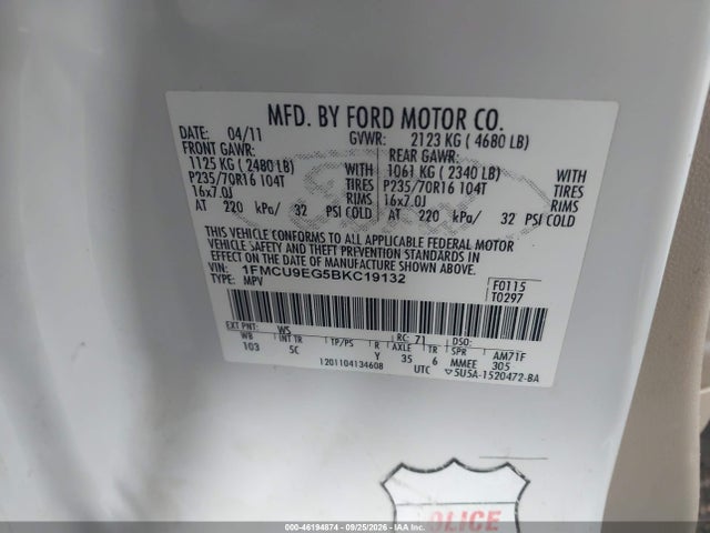Продаж на аукціоні авто 2011 Ford Escape Limited, vin: 1FMCU9EG5BKC19132, номер лоту: 46194874