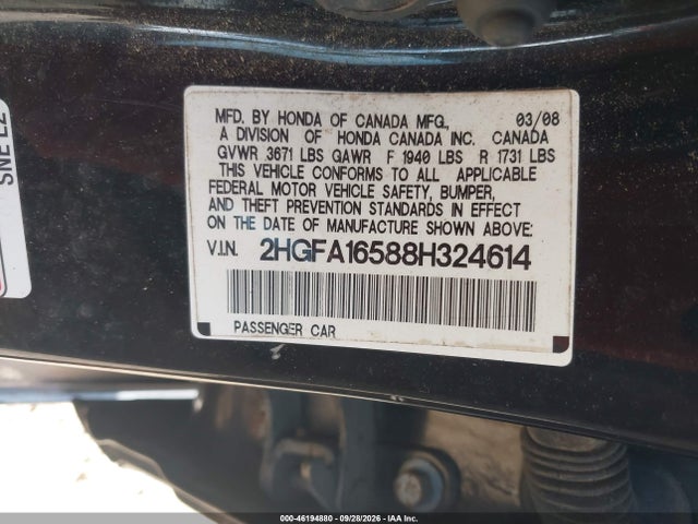 2008 Honda Civic Sdn Lx მანქანა იყიდება აუქციონზე, vin: 2HGFA16588H324614, აუქციონის ნომერი: 46194880