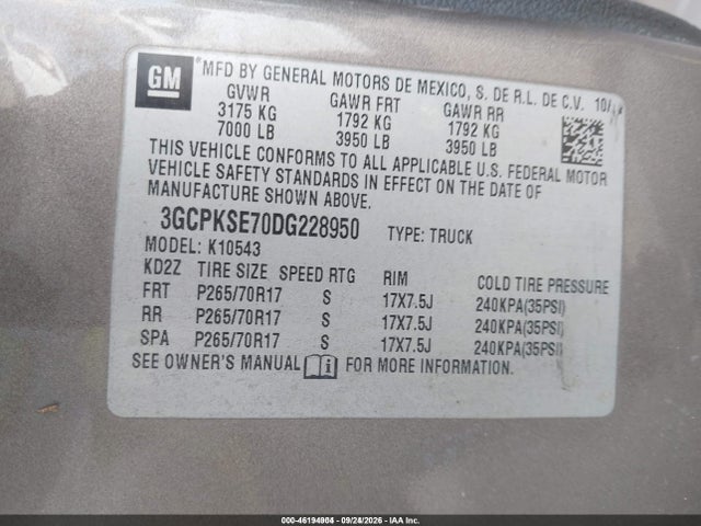 2013 Chevrolet Silverado 1500 Lt მანქანა იყიდება აუქციონზე, vin: 3GCPKSE70DG228950, აუქციონის ნომერი: 46194904