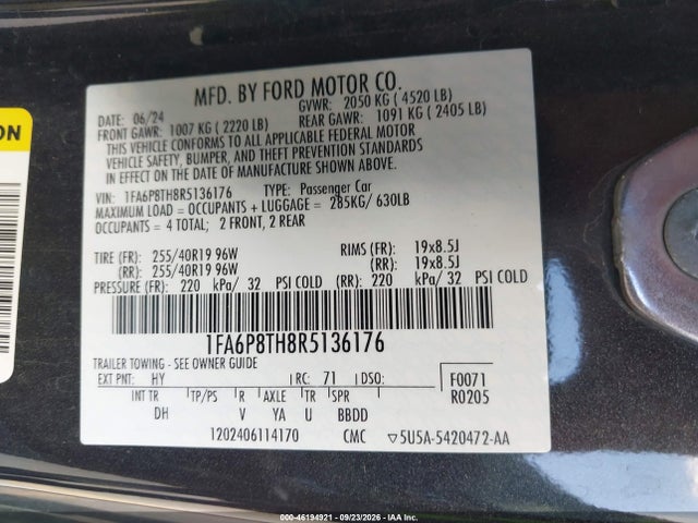 Продаж на аукціоні авто 2024 Ford Mustang Ecoboost Fastback, vin: 1FA6P8TH8R5136176, номер лоту: 46194921