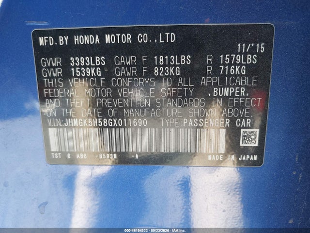 Aukcja sprzedaży 2016 Honda Fit Lx, vin: JHMGK5H58GX011690, numer aukcji: 46194922