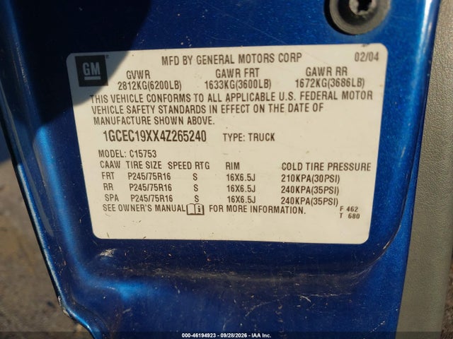 2004 Chevrolet Silverado 1500 მანქანა იყიდება აუქციონზე, vin: 1GCEC19XX4Z265240, აუქციონის ნომერი: 46194923