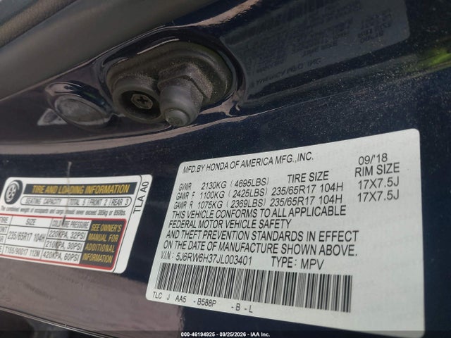 2018 Honda Cr-v Lx მანქანა იყიდება აუქციონზე, vin: 5J6RW6H37JL003401, აუქციონის ნომერი: 46194925