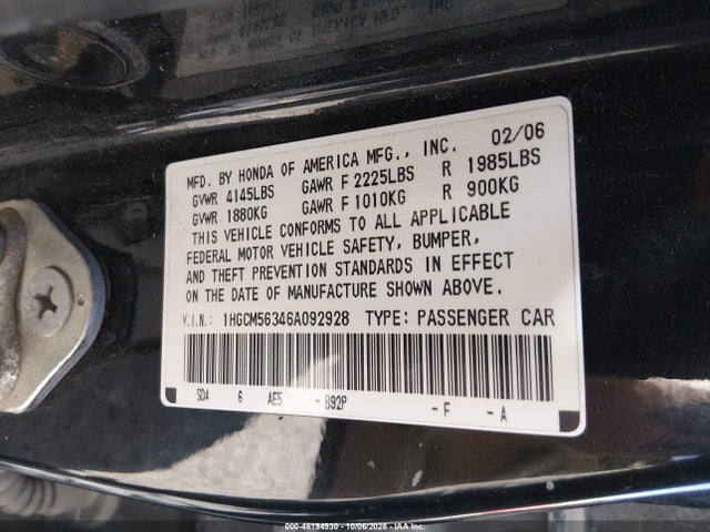 Aukcja sprzedaży 2006 Honda Accord Sdn Lx Se, vin: 1HGCM56346A092928, numer aukcji: 46194930