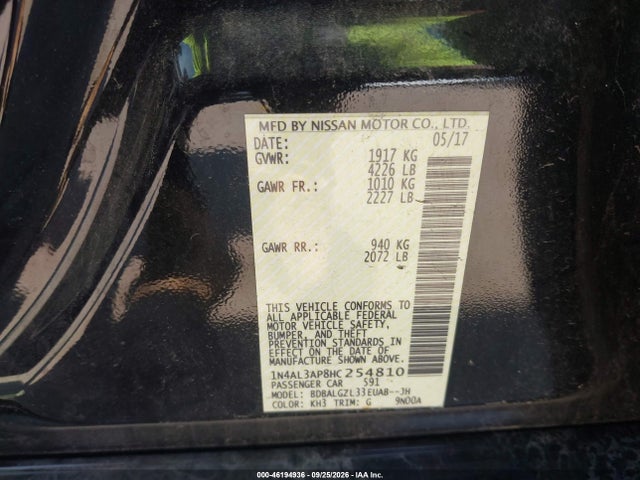 Aukcja sprzedaży 2017 Nissan Altima 2.5 S, vin: 1N4AL3AP8HC254810, numer aukcji: 46194936