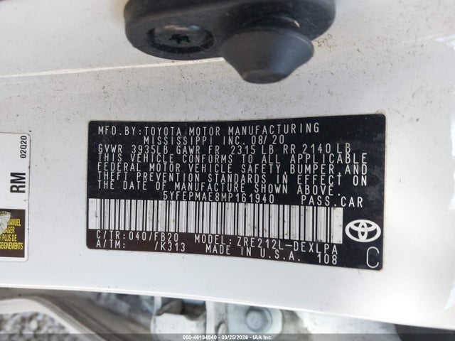 46194940 :رقم المزاد ، 5YFEPMAE8MP161940 vin ، 2021 Toyota Corolla Le مزاد بيع