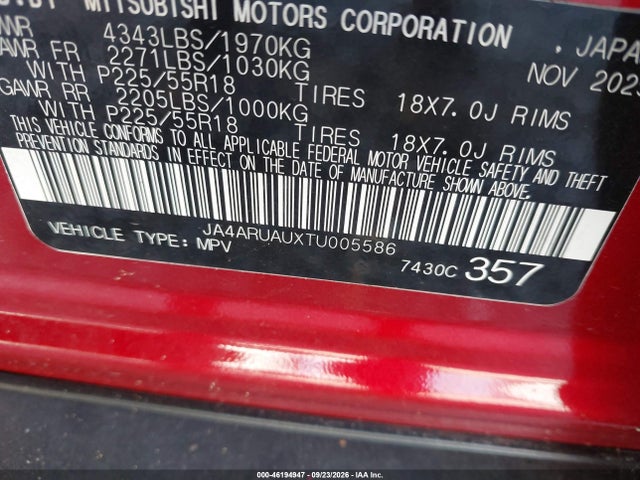 2026 Mitsubishi Outlander Sport 2.0 Es/2.0 Le/2.0 Ralliart/2.0 S/2.0 Se/2.0 Trail Edition მანქანა იყიდება აუქციონზე, vin: JA4ARUAUXTU005586, აუქციონის ნომერი: 46194947