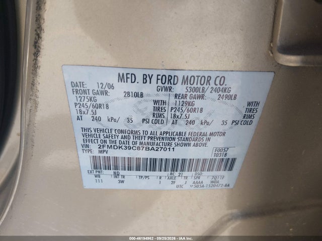 46194962 :رقم المزاد ، 2FMDK39C87BA27011 vin ، 2007 Ford Edge Sel Plus مزاد بيع