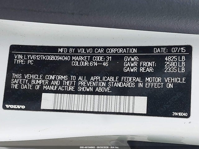 Продаж на аукціоні авто 2016 Volvo S60 Inscription T5 Premier, vin: LYV612TK0GB094040, номер лоту: 46194965