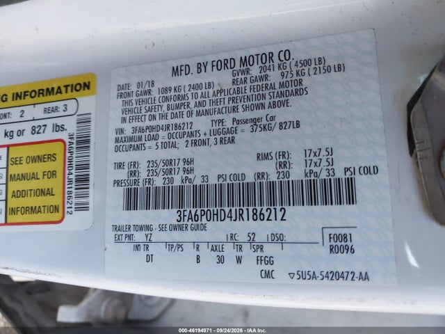 46194971 :رقم المزاد ، 3FA6P0HD4JR186212 vin ، 2018 Ford Fusion Se مزاد بيع