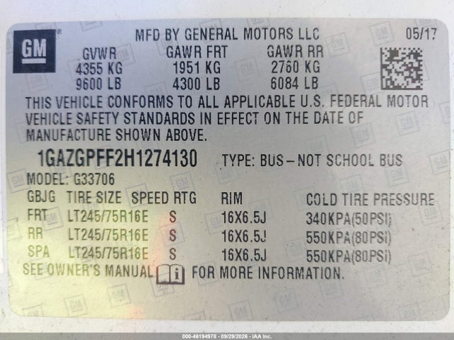 Продаж на аукціоні авто 2017 Chevrolet Express 3500 Lt, vin: 1GAZGPFF2H1274130, номер лоту: 46194978