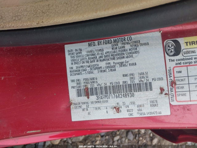 46194979 :رقم المزاد ، 3FAFP07176R248930 vin ، 2006 Ford Fusion Se مزاد بيع