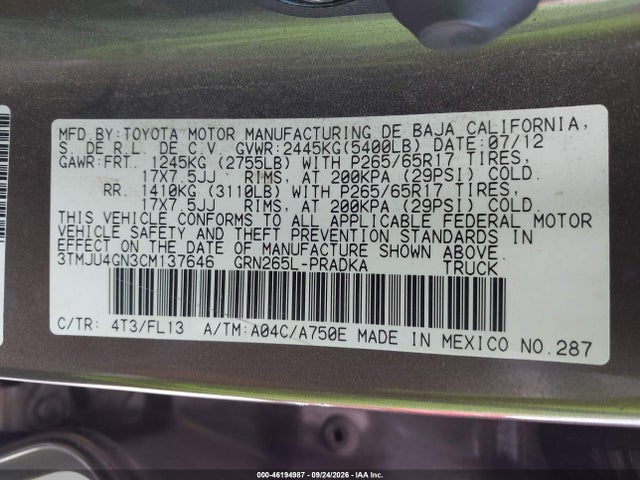 Продажа на аукционе авто 2012 Toyota Tacoma Prerunner V6, vin: 3TMJU4GN3CM137646, номер лота: 46194987