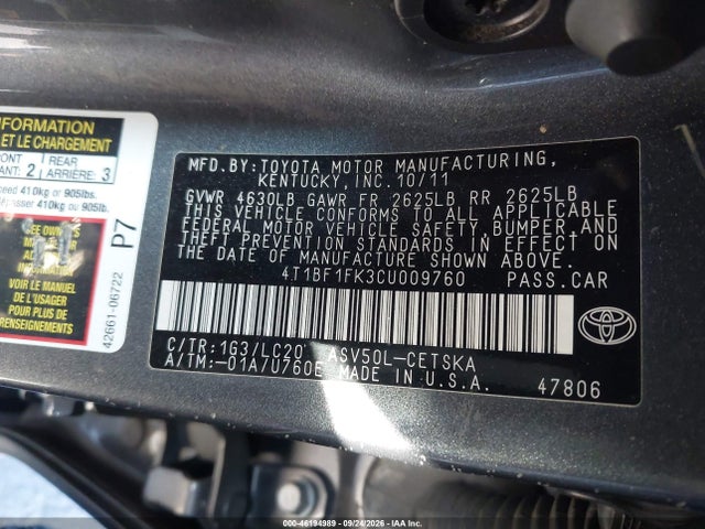 Продаж на аукціоні авто 2012 Toyota Camry Se, vin: 4T1BF1FK3CU009760, номер лоту: 46194989