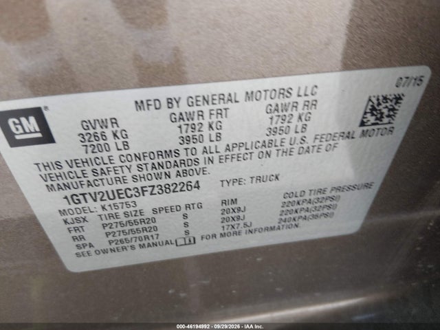 Продажа на аукционе авто 2015 Gmc Sierra 1500 Sle, vin: 1GTV2UEC3FZ382264, номер лота: 46194992