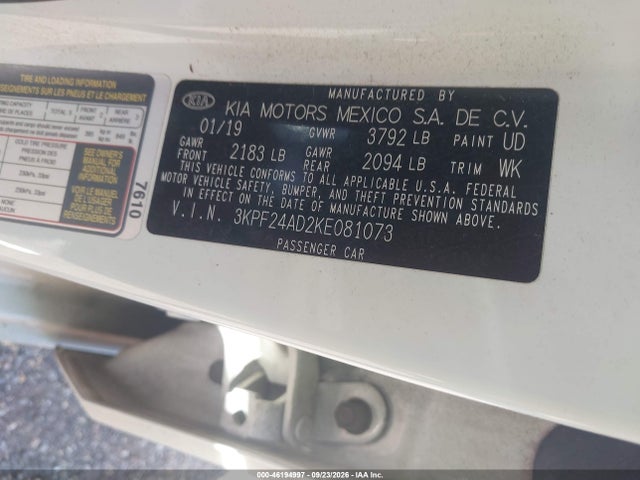 46194997 :رقم المزاد ، 3KPF24AD2KE081073 vin ، 2019 Kia Forte Lxs مزاد بيع