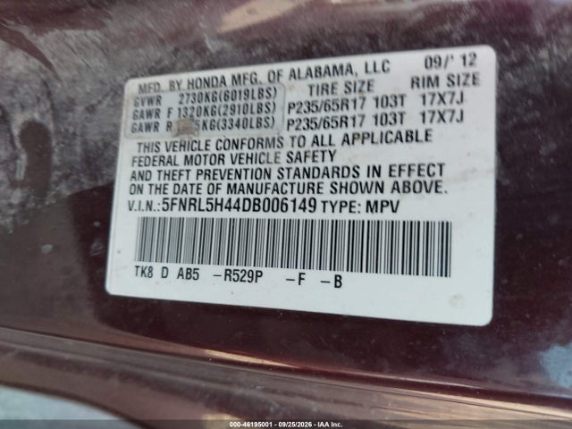 Продажа на аукционе авто 2013 Honda Odyssey Ex, vin: 5FNRL5H44DB006149, номер лота: 46195001