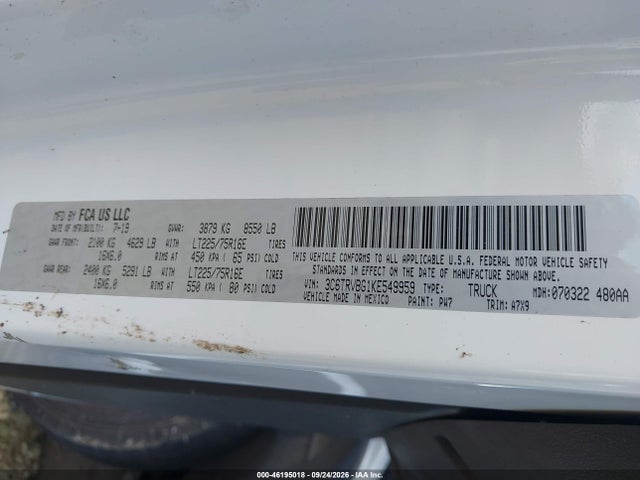 46195018 :رقم المزاد ، 3C6TRVBG1KE549959 vin ، 2019 Ram Promaster 1500 High Roof 136 Wb مزاد بيع