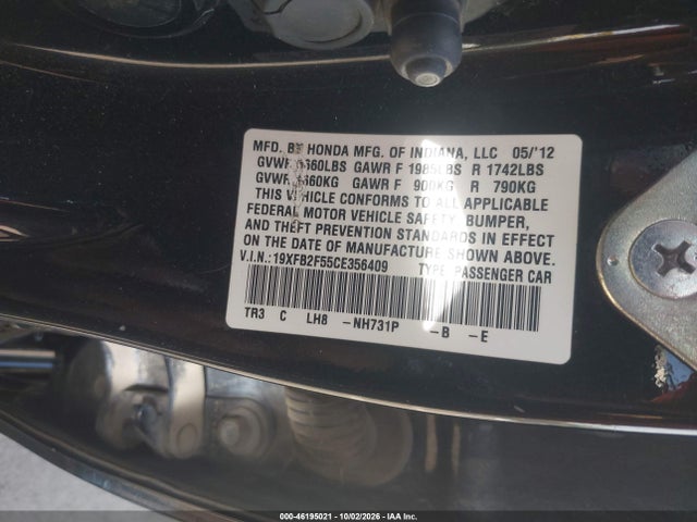 Продаж на аукціоні авто 2012 Honda Civic Sdn Lx, vin: 19XFB2F55CE356409, номер лоту: 46195021