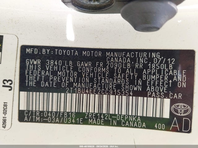Продажа на аукционе авто 2012 Toyota Corolla Le, vin: 2T1BU4EE2CC915354, номер лота: 46195028
