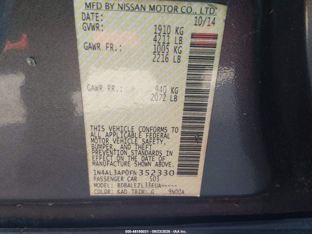 Продаж на аукціоні авто 2015 Nissan Altima 2.5/2.5 S/2.5 Sl/2.5 Sv, vin: 1N4AL3AP0FN352330, номер лоту: 46195031