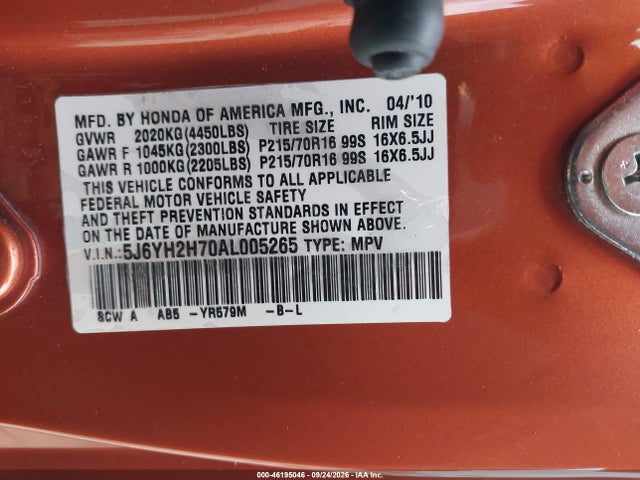 Продаж на аукціоні авто 2010 Honda Element Ex, vin: 5J6YH2H70AL005265, номер лоту: 46195046