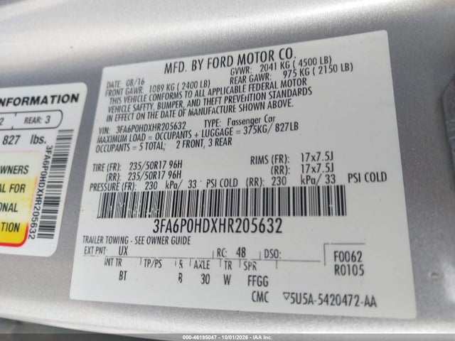 Продаж на аукціоні авто 2017 Ford Fusion Se, vin: 3FA6P0HDXHR205632, номер лоту: 46195047