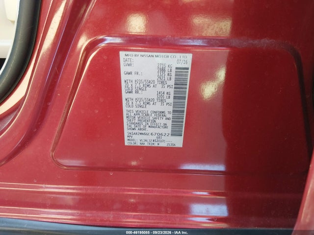 2016 Nissan Pathfinder Platinum მანქანა იყიდება აუქციონზე, vin: 5N1AR2MN6GC670622, აუქციონის ნომერი: 46195085