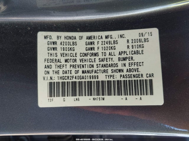 Honda ACCORD LX 2016 1HGCR2F40GA019999 Image 9