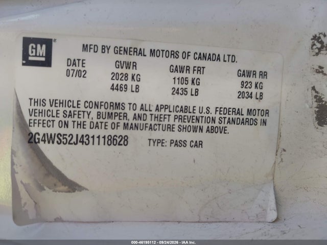 Продаж на аукціоні авто 2003 Buick Century Custom, vin: 2G4WS52J431118628, номер лоту: 46195112