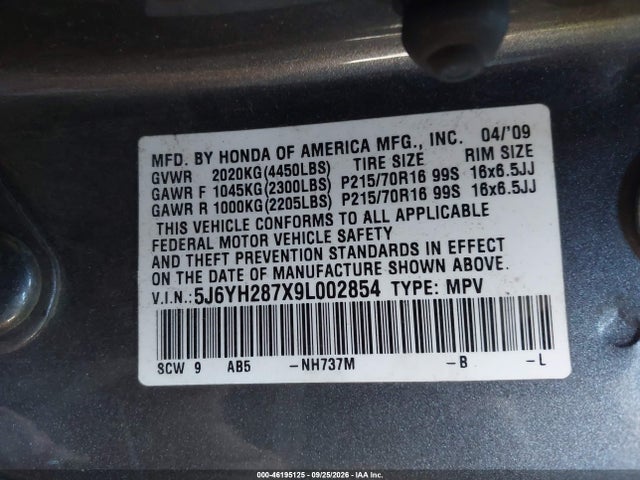 Продаж на аукціоні авто 2009 Honda Element Ex, vin: 5J6YH287X9L002854, номер лоту: 46195125