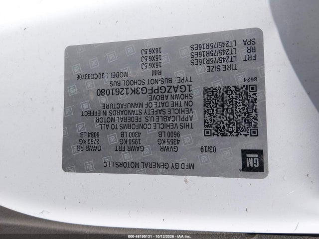 Aukcja sprzedaży 2019 Chevrolet Express Passenger Lt, vin: 1GAZGPFG3K1261080, numer aukcji: 46195131