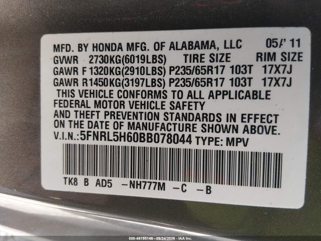 Продаж на аукціоні авто 2011 Honda Odyssey Ex-l, vin: 5FNRL5H60BB078044, номер лоту: 46195146
