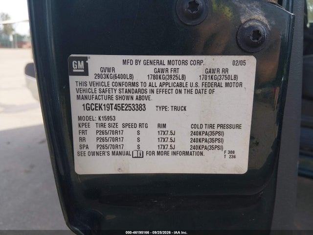 46195166 :رقم المزاد ، 1GCEK19T45E253383 vin ، 2005 Chevrolet Silverado 1500 Work Truck مزاد بيع