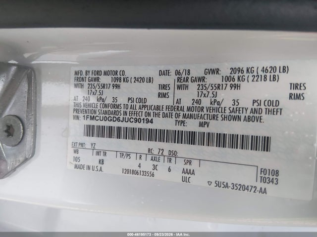 46195173 :رقم المزاد ، 1FMCU0GD6JUC90194 vin ، 2018 Ford Escape Se مزاد بيع