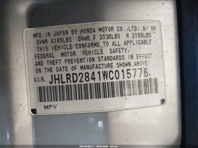 1998 Honda Cr-v Lx მანქანა იყიდება აუქციონზე, vin: JHLRD2841WC015776, აუქციონის ნომერი: 46195177