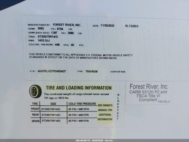 2023 Forest River Rockwood მანქანა იყიდება აუქციონზე, vin: 4X4TRLX27PD453427, აუქციონის ნომერი: 46195178