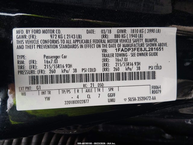 Продаж на аукціоні авто 2018 Ford Focus Se, vin: 1FADP3FE8JL281651, номер лоту: 46195180