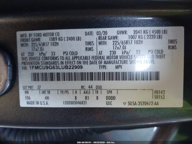 Продаж на аукціоні авто 2020 Ford Escape Se, vin: 1FMCU9G63LUB22909, номер лоту: 46195181