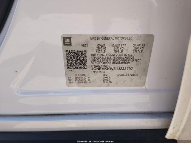 2018 Chevrolet Traverse High Country მანქანა იყიდება აუქციონზე, vin: 1GNEVKKW5JJ233797, აუქციონის ნომერი: 46195188