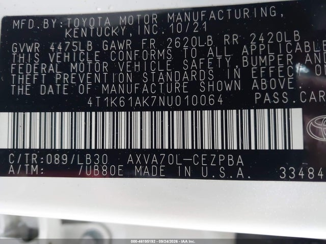 Продаж на аукціоні авто 2022 Toyota Camry Xse, vin: 4T1K61AK7NU010064, номер лоту: 46195192
