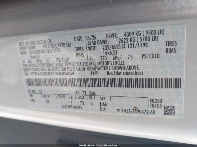 Продажа на аукционе авто 2026 Ford Transit-350 Passenger Van Xlt, vin: 1FBAX2C87TKB08254, номер лота: 46195193