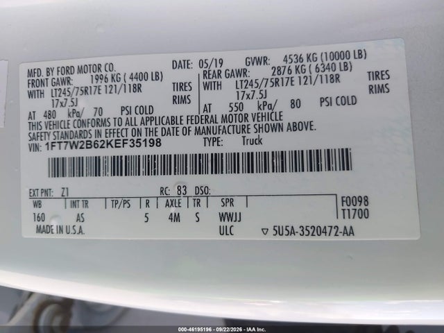 2019 Ford F-250 Xl მანქანა იყიდება აუქციონზე, vin: 1FT7W2B62KEF35198, აუქციონის ნომერი: 46195196