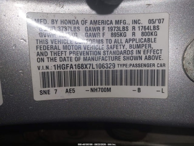 2007 Honda Civic Sdn Ex მანქანა იყიდება აუქციონზე, vin: 1HGFA168X7L106329, აუქციონის ნომერი: 46195199