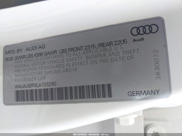 46195204 :رقم المزاد ، WAUAUGFFXLA103290 vin ، 2020 Audi A3 Premium 40 Tfsi Front-wheel Drive S Tronic مزاد بيع