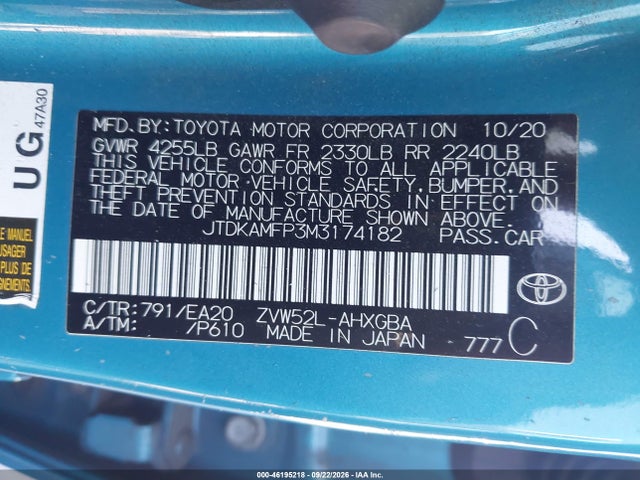 Продаж на аукціоні авто 2021 Toyota Prius Prime Xle, vin: JTDKAMFP3M3174182, номер лоту: 46195218